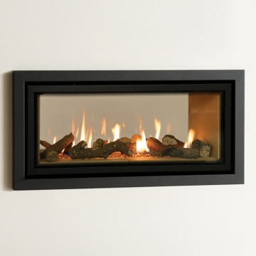 Gazco Studio 2 Duplex gas fire with Black Reeded lining shown as an Edge installation Close Up