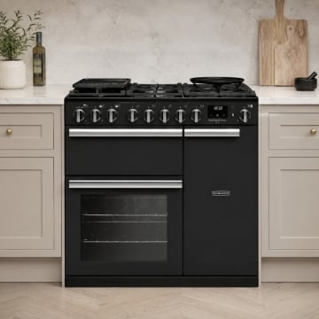 Rangemaster Professional Deluxe 90cm Dual Fuel Range Cooker, Charcoal Black, Roomset
