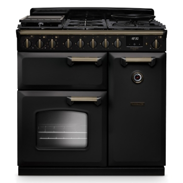 Rangemaster Classic Deluxe 90cm Dual Fuel Range Cooker, Charcoal Black/Brass