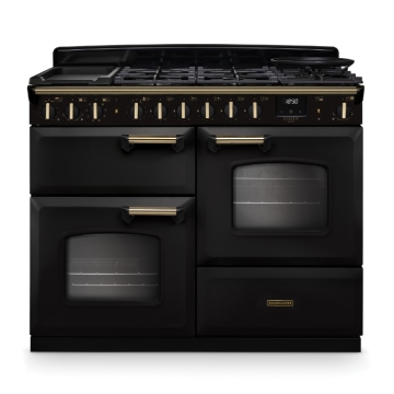 Rangemaster Classic Deluxe 110cm Dual Fuel Range Cooker, Charcoal Black/Brass