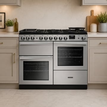Rangemaster Professional Deluxe 110cm Dual Fuel Range Cooker, Stainless Steel, Roomset