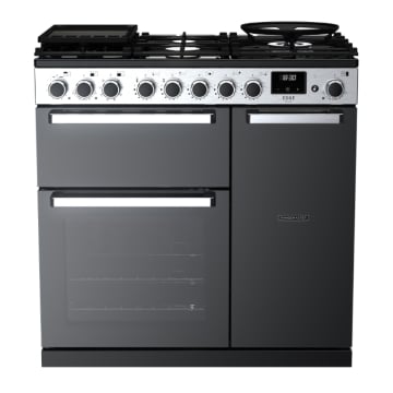 Rangemaster Edge Deluxe 90cm Dual Fuel Range Cooker, Black Glass/Chrome