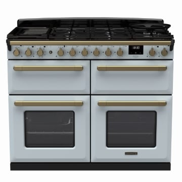 Rangemaster Estel Deluxe 110cm Base Cavity Dual Fuel Range Cooker, Misty Blue/Antique Brass