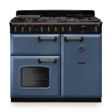 Rangemaster Classic Deluxe 100cm Dual Fuel Range Cooker, Stone Blue/Brass