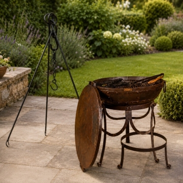 Recycled 70cm Steel BBQ Fire Pit with High & Low Stand Kit, Shield & Tripod