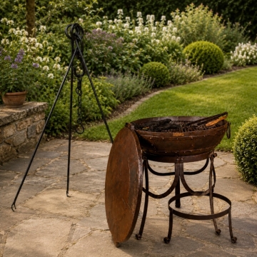 Recycled 80cm Steel BBQ Fire Pit with High & Low Stand Kit, Shield & Tripod