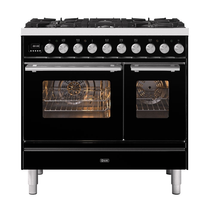 ILVE Roma 90cm Twin Cavity Dual Fuel Range Cooker, Glossy Black ILVE Roma 90cm Twin Cavity Dual Fuel Range Cooker, Glossy Black