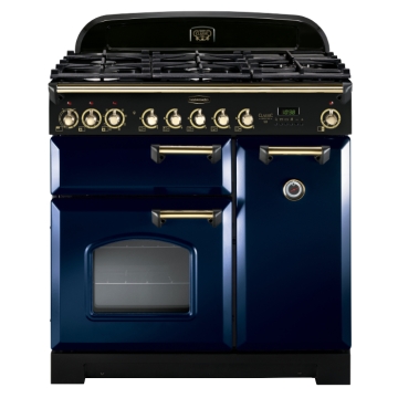 Rangemaster Classic Deluxe 90cm Dual Fuel Range Cooker, Regal Blue with Brass Trim