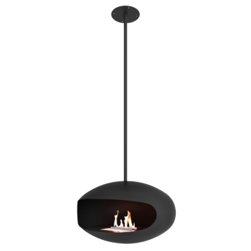 Cocoon Aeris Hanging Fireplace with Black Flat Ceiling Mounting System