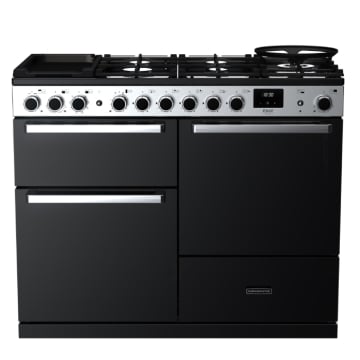 Rangemaster Edge Deluxe 110cm Dual Fuel Range Cooker, Black Glass/Chrome