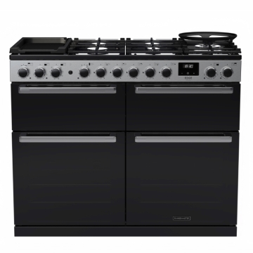 Rangemaster Edge Deluxe 110cm Base Cavity Dual Fuel Range Cooker, Black Glass/Chrome