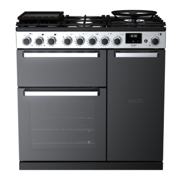 Rangemaster Edge Deluxe 90cm Dual Fuel Range Cooker, Black Glass/Chrome