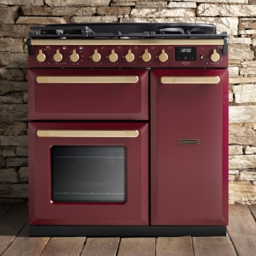 Rangemaster Estel Deluxe 90cm Dual Fuel Range Cooker, Bordeaux/Antique Brass