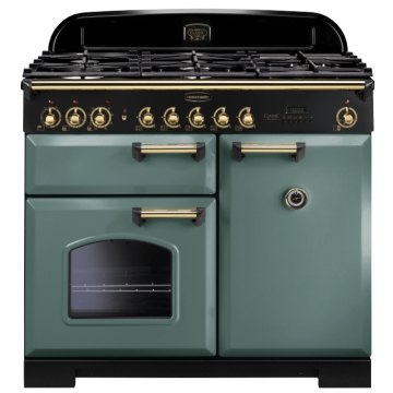 Rangemaster Classic Deluxe 100cm Dual Fuel Range Cooker, Mineral Green/Brass