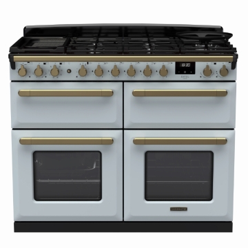 Rangemaster Estel Deluxe 110cm Base Cavity Dual Fuel Range Cooker, Misty Blue/Antique Brass