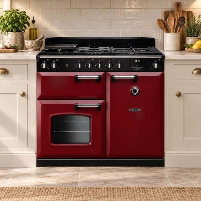 Rangemaster Classic 100cm Dual Fuel Range Cooker, Bordeaux, Roomset