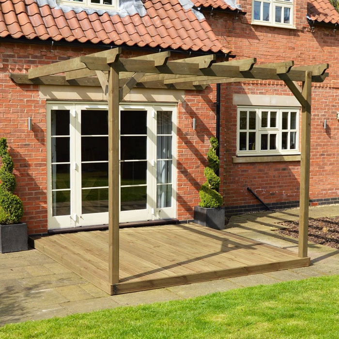 Wall Mounted Pergola with Decking, Rustic Brown Wall Mounted Pergola with Decking, Rustic Brown