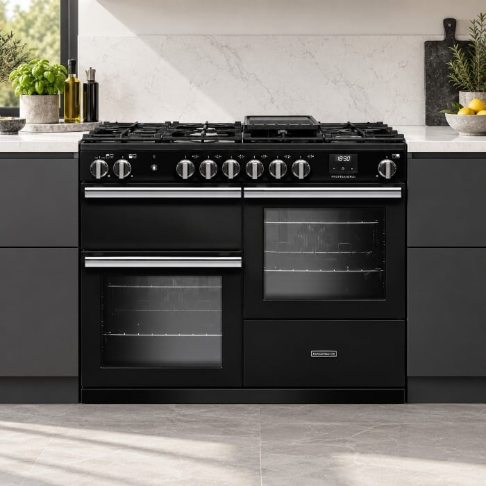 Rangemaster Professional 110cm Dual Fuel Range Cooker, Black, Roomset