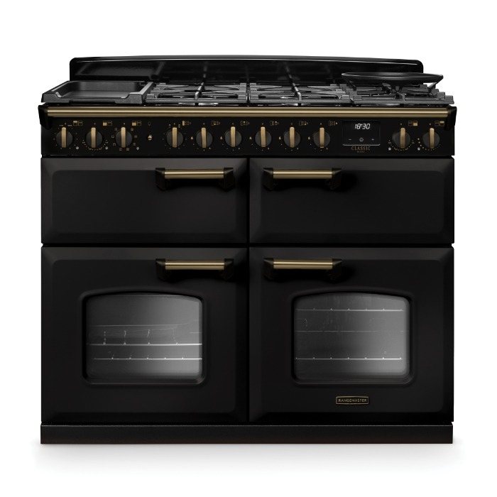 Rangemaster Classic Deluxe 100cm Base Cavity Dual Fuel Range Cooker, Charcoal Black/Brass