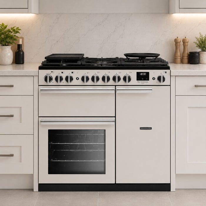 Rangemaster Professional Deluxe 100cm Dual Fuel Range Cooker, Ivory, Roomset