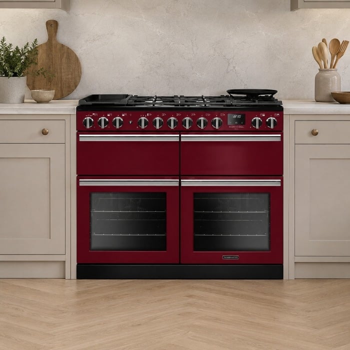 Rangemaster Professional Deluxe BC 110cm Dual Fuel Range Cooker, Bordeaux, Roomset