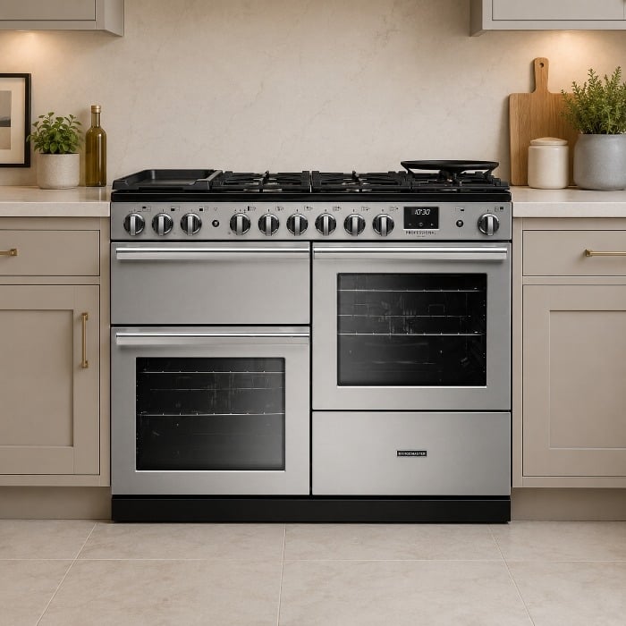 Rangemaster Professional Deluxe 110cm Dual Fuel Range Cooker, Stainless Steel, Roomset