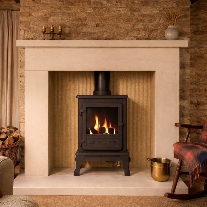 Durrington Limestone Fireplace including hearth and reeded fire board chamber