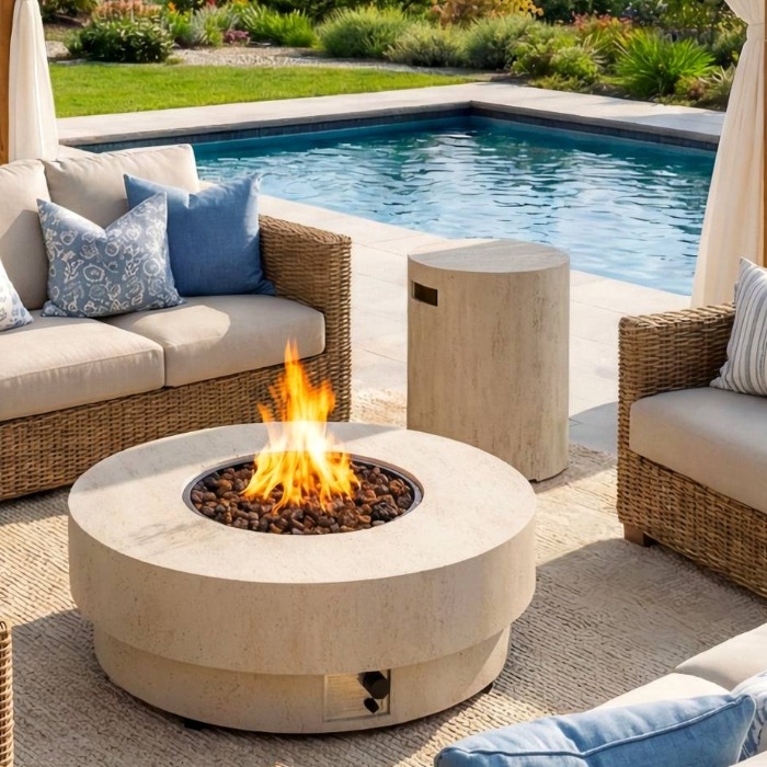 Happy Cocooning Estate Round 105 Fire Pit Table, Travertine, Feature Image
