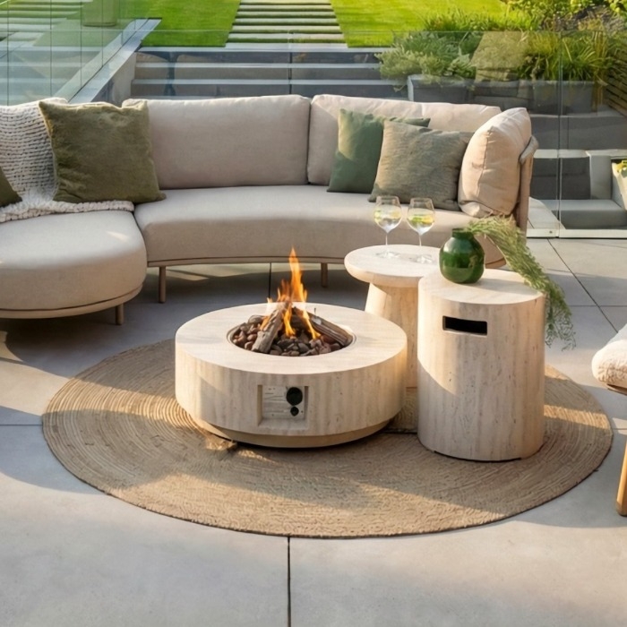 Happy Cocooning Estate Round 76 Fire Pit Table, Travertine, Feature Image