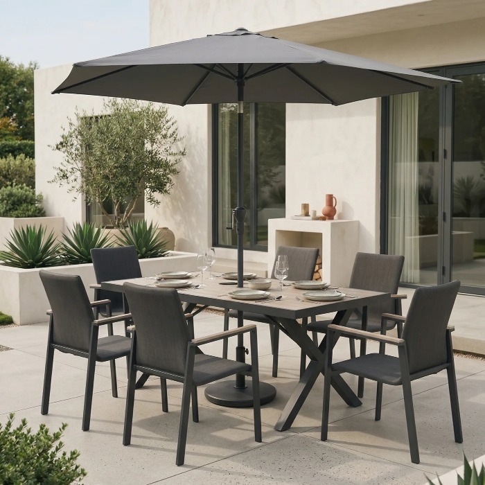 Tudor 6 Seat Dining Set with Parasol & Base