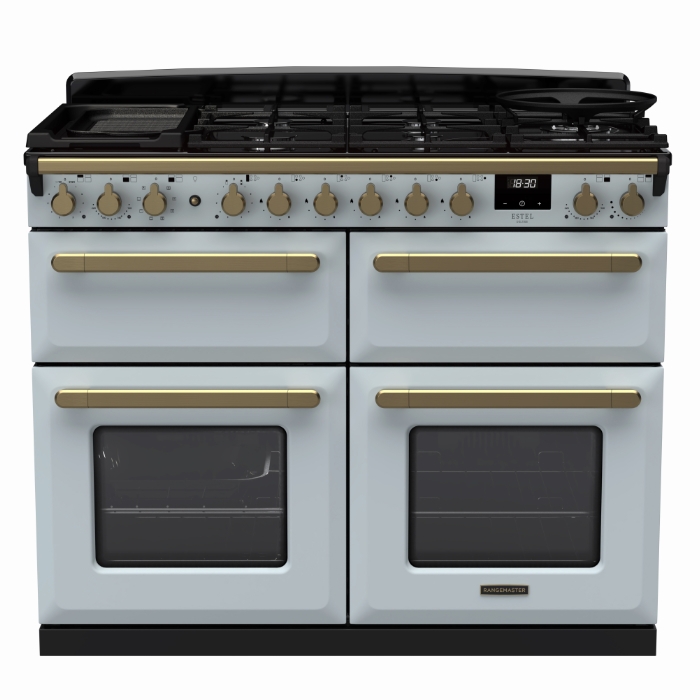 Rangemaster Estel Deluxe 110cm Base Cavity Dual Fuel Range Cooker, Misty Blue/Antique Brass Rangemaster Estel Deluxe 110cm Base Cavity Dual Fuel Range Cooker, Misty Blue/Antique Brass
