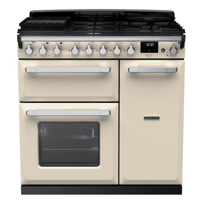 Rangemaster Estel Deluxe 90cm Dual Fuel Range Cooker, Pale Cream/Chrome Rangemaster Estel Deluxe 90cm Dual Fuel Range Cooker, Pale Cream/Chrome