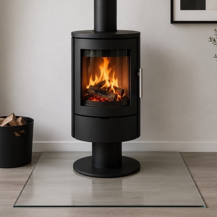 Rectangular glass hearth for a wood burner