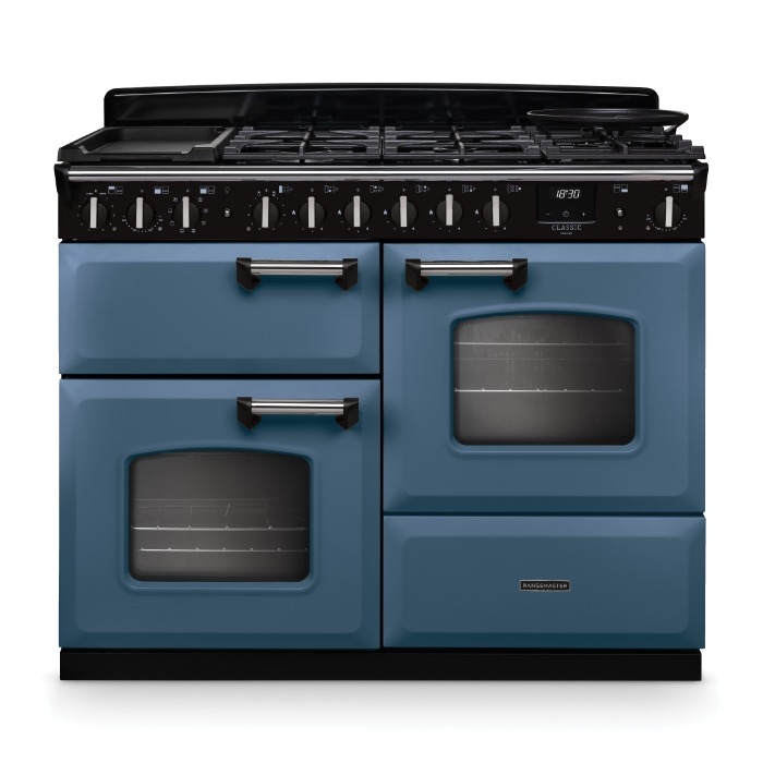 Rangemaster Classic Deluxe 110cm Dual Fuel Range Cooker, Stone Blue/Chrome