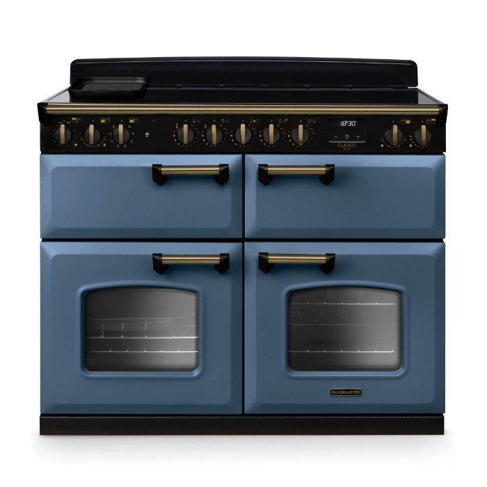 Rangemaster Classic Deluxe 110cm Base Cavity Induction Range Cooker, Stone Blue/Brass