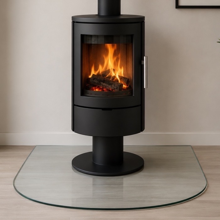 Semi-circle glass hearth for a wood burner