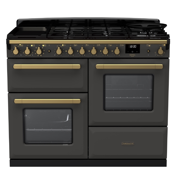 Rangemaster Estel Deluxe 110cm Dual Fuel Range Cooker, Slate/Antique Brass Rangemaster Estel Deluxe 110cm Dual Fuel Range Cooker, Slate/Antique Brass