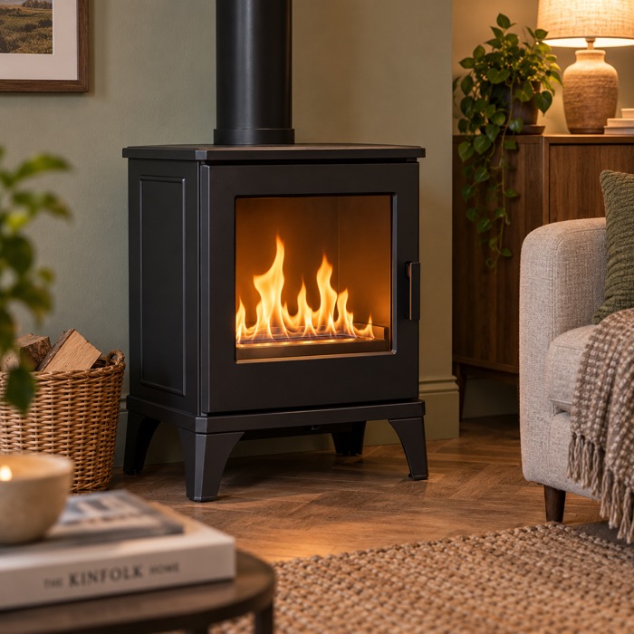 Freestanding bioethanol stove in a living room without a chimney Freestanding bioethanol stove in a living room without a chimney