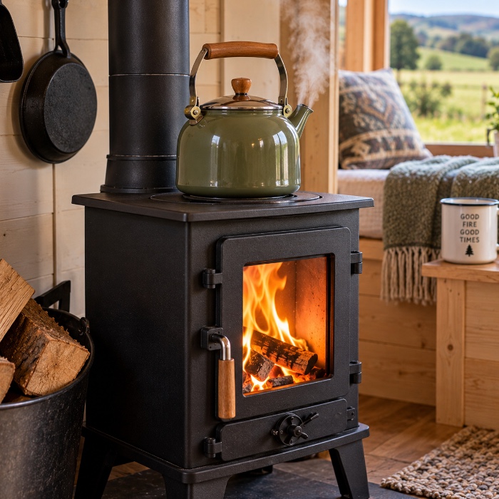 Kettle on a small glamping stove cooktop Kettle on a small glamping stove cooktop