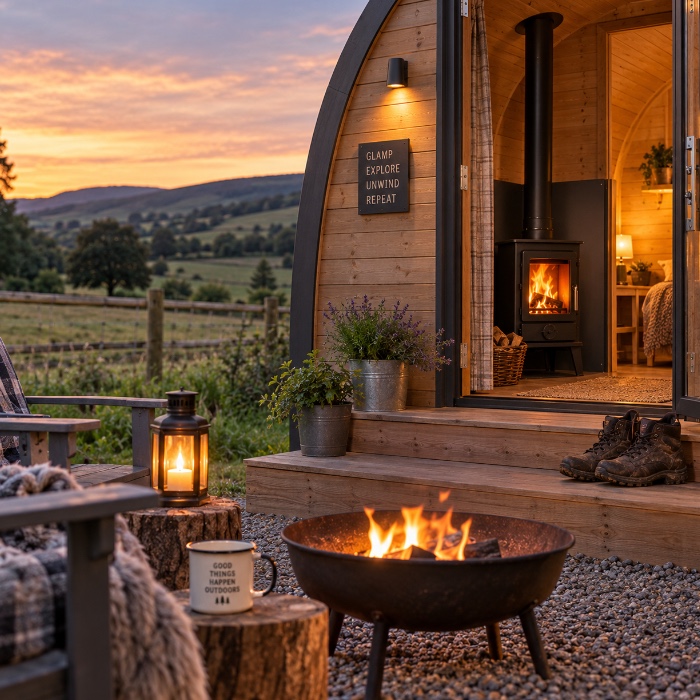 Heat-shielded glamping stove in a timber cabin Heat-shielded glamping stove in a timber cabin