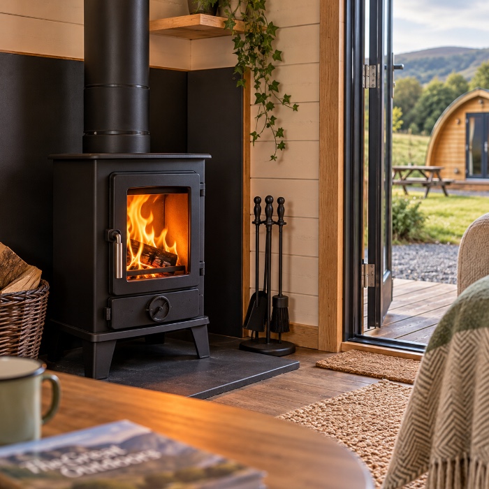 Small wood burning stove in a shepherd’s hut Small wood burning stove in a shepherd’s hut