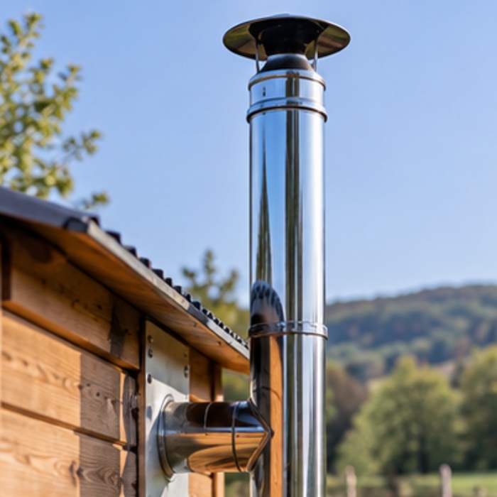 Twin-wall flue installation for a shepherd’s hut stove Twin-wall flue installation for a shepherd’s hut stove