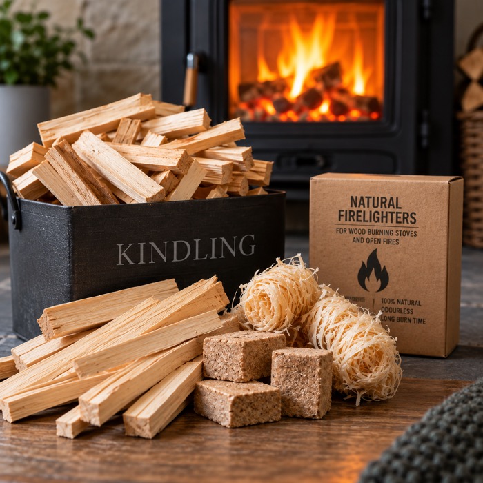 Kindling and firelighters for a wood burning stove / Kiln-dried logs for a log burner Kindling and firelighters for a wood burning stove / Kiln-dried logs for a log burner