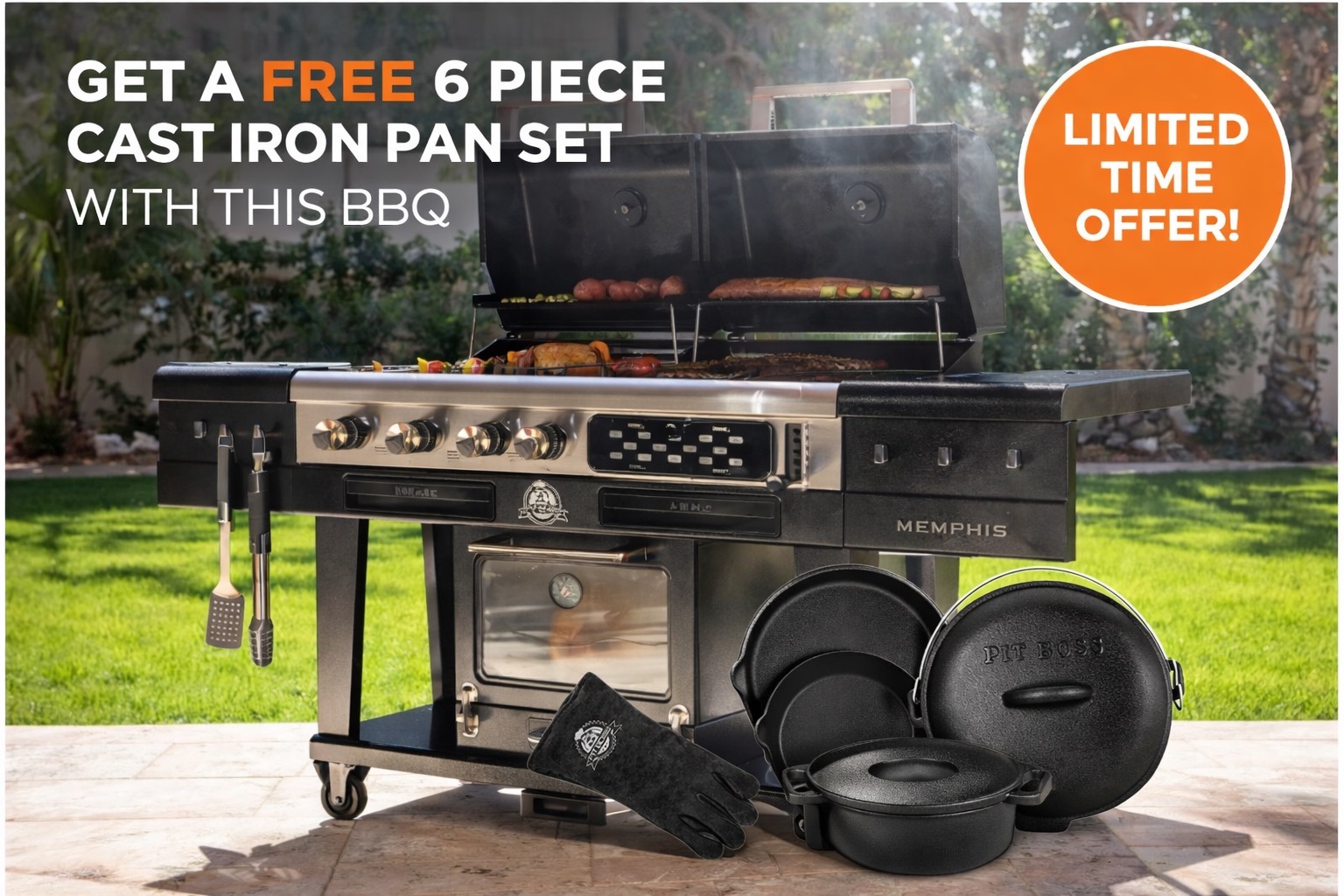 Free 6 piece cast iron pan set with this BBQ
